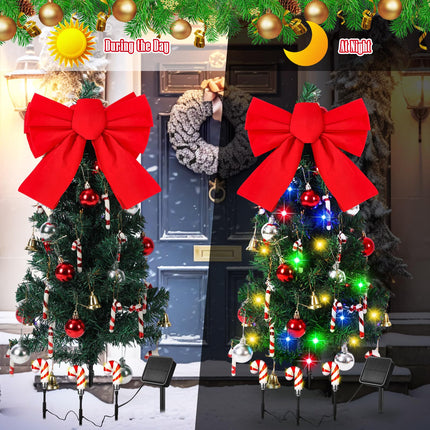 2 Pcs Solar Christmas Tree with Lights Outdoor Waterproof 31.5 Inch Solar Powered Xmas Tree Lights with 45 Leds and 8 Modes Bow Balls Bells Candy Bars Decor for Yard Garden Pathway Lawn Patio