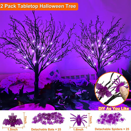 [ 2 Pack & Timer ] 24 Inch Prelit Halloween Black Tree Halloween Decorations Artificial Spooky Tree Battery Powered Total 48 LED Purple Lights DIY 25 Spider & 25 Bat Tabletop Indoor Home Party Decor