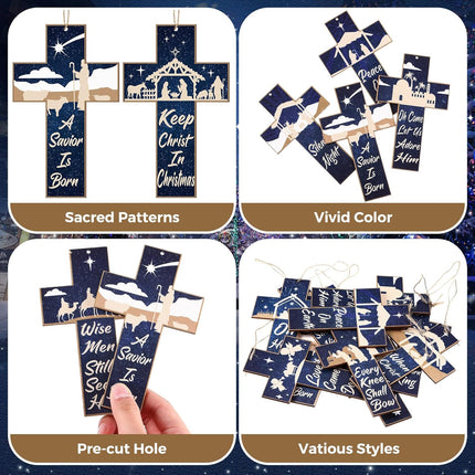Soaoo 36 Pcs Nativity Ornaments for Christmas Tree Wooden Nativity Scene Ornaments Hanging Cross Xmas Tree Decorations Birth of Jesus Christian Decor for Tree Wreaths Xmas Winter Party