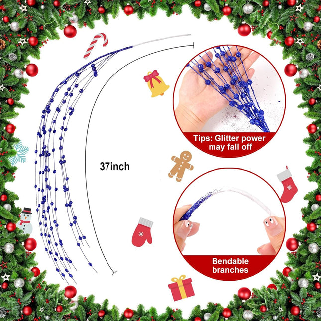 10 Pack 37" Long Artificial Glitter Berry Stem Decorative Branches Bead Sticks Fake Christmas Picks Royal Blue Ornaments for Christmas Tree Fireplace Holiday DIY Wreath Home Large Vase Decor