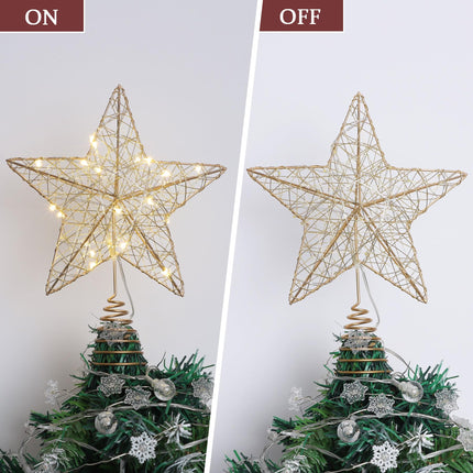 Christmas Tree Toppers, 7“ Star Treetop Warm White 20 Lights, Lighted Tree Topper Battery Powered with Timer, Retro Style Metal Xmas Treetop Star for Xmas Tree Indoor Decor