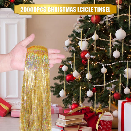 20000 Christmas Strands Iridescent Tinsel Icicles Gold 19.7" Foil Fringe Ornaments Garland for Hair Christmas Tree Xmas Decorations Birthday Party Wedding Engagement Bridal Indoor Outdoor