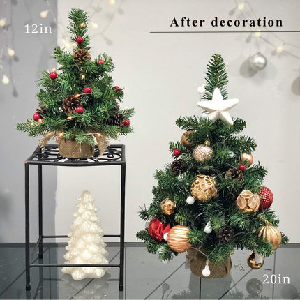 Pre-Lit Artificial Mini Christmas Tree,20 inch Miniature Pine Xmas Tree with 20 LED Lights,70 Branch Tips,Desktop Christmas Tree Burlap Base-(50cm)