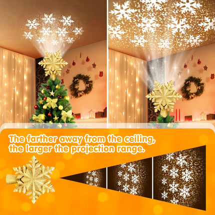 Christmas Tree Topper Lighted, Rotating Snowflake Pattern Projector, 3D Hollow Glitter Lighted Snow Tree Topper for Xmas Party Holiday Christmas Tree Decorations(Gold Snow)