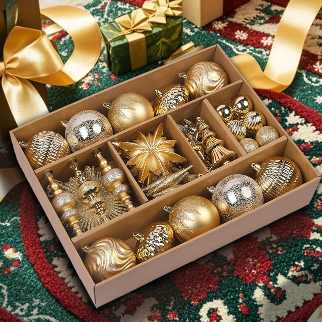 SHareconn 80pcs Christmas Balls Ornaments Set, Contemporary Light Luxury Set, Shatterproof Plastic Decor for Xmas Tree Holiday Wedding Party Decorations with Hanging Strings, Dark and Light Gold