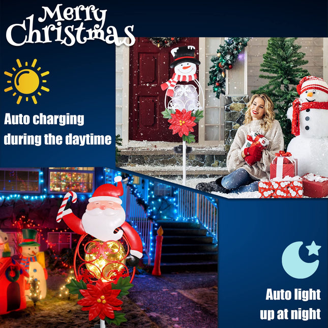 Solar Christmas Garden Stake Lights Snowman&Santa Claus Solar Christmas Decorations with LED Lights Outdoor Pathway Lights Christmas Landscape Lights for Garden(2 PCS)