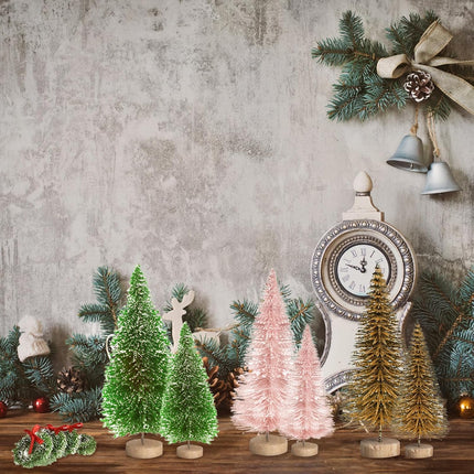8pcs Mini Christmas Tree, Artificial Bottle Brush Trees with Wood Base, Tabletop Miniature XmasTrees with 4 Small Christmas Wreath, Fake Xmas Tree Ornament, White Christmas Tree for Christmas Décor