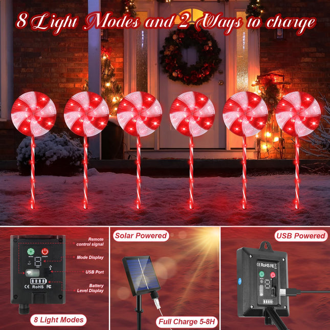 Solar Christmas Pathway Lights Outdoor 6 Pack, 31.4" Lollipops Peppermint Stake Lights 8 Modes, Remote Control USB Charge Candy Cane Christmas Decorations Outdoor for Xmas Yard Walkway Patio Decor