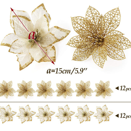 ilauke 24Pcs Gold Poinsettias Artificial Christmas Flowers, 6" Glitter Artificial Christmas Flowers with 30 Clips, for Xmas Tree Decorations Wedding Party Fireplace Stairs Decor
