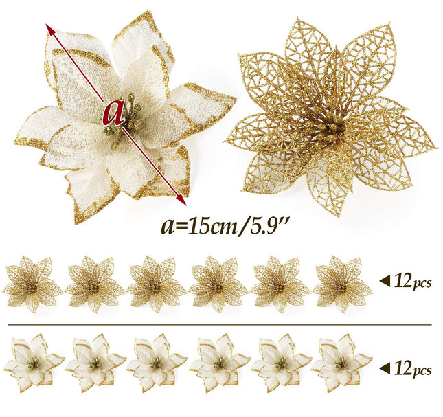 ilauke 24Pcs Gold Poinsettias Artificial Christmas Flowers, 6" Glitter Artificial Christmas Flowers with 30 Clips, for Xmas Tree Decorations Wedding Party Fireplace Stairs Decor