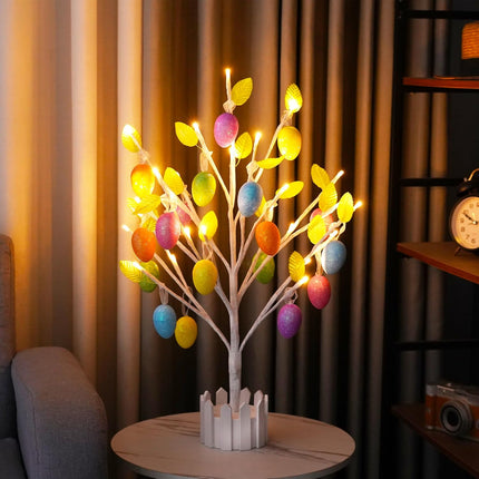 24" Pre-lit Lighted Easter Egg Tree with 18 Hanging Easter Egg Ornaments 28 LED Light Indoor Battery Operated Timer Function Table Decor for Home Party Holiday Spring Decoration Easter Party