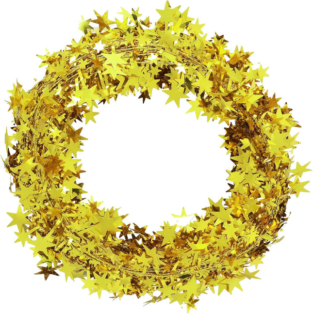 50 Feet Sparkly Star Tinsel Garlands with Wire, Christmas Garlands Hanging Star Tinsel Decorations for Christmas Tree Xmas Party Wedding Birtahday Festive Ornament, 25 Ft X 2 (Gold)