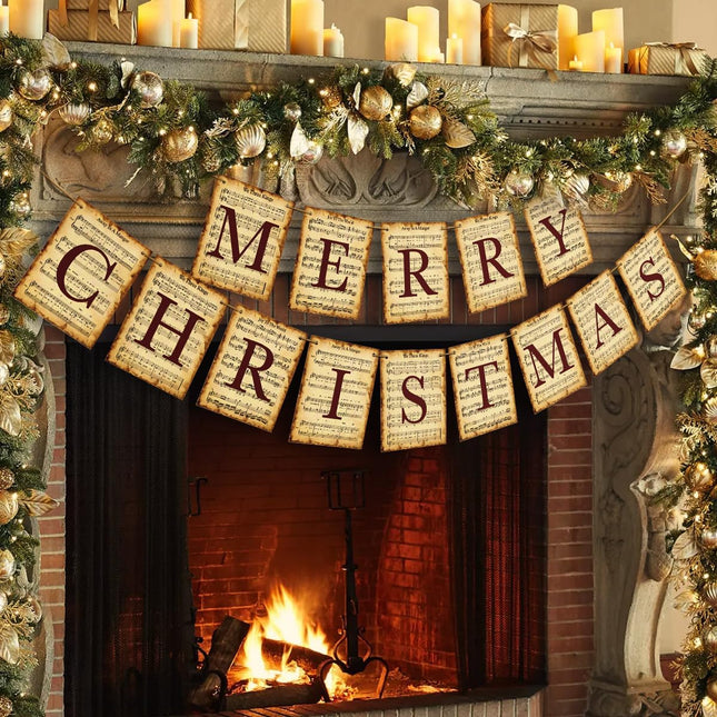 Garland Christmas Decorations Indoor, Vintage Hymns Carols Merry Christmas Banner, Retro Nostalgic Classic Xmas Sign Holiday Decor for Fireplace Mantle Wall Door Home Office Farmhouse Garden Outdoor