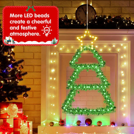 LED Christmas Decorations Lights, Green Lighted Christmas Tree with Silver Tinsel and Warm White Star Topper, Battery Operated Hanging Lights for Indoor Outdoor, Window Wall Door Home Decor