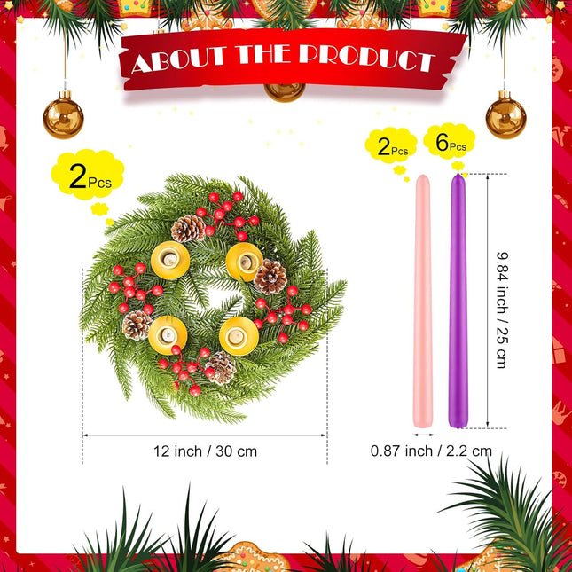 Maxcheck 2 Set 12 Inch Gold Christmas Advent Wreath Candle Holder with 8 Taper Candles Designed with Branch Berry Pinecone Suitable for Christmas Advent Church Home Decoration Table Centerpiece Decor
