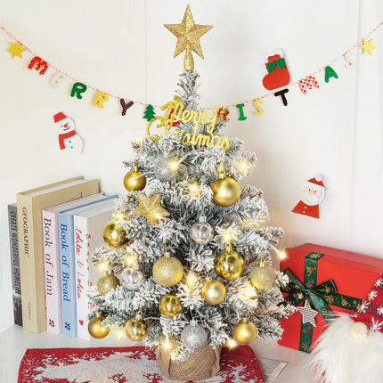 24 Inch Tabletop Mini Christmas Tree, Snow Flocked Prelit Artificial Small Christmas Tree with Lights, Star Treetopper and Hanging Ornaments for DIY Christmas Decorations for Home Party