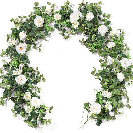 MISSPIN White 6.6 Feet Eucalyptus Garland with Flowers, 16 Lovely Flowers, Artificial Eucalyptus and Rose Garland Decor, Floral Garland Greenery Garland for Wedding Table Decor