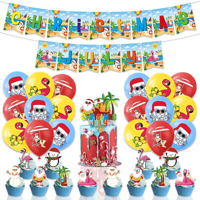 32 Pieces July Christmas Party Supplies Including Tropical Christmas Party Banner July Summer Latex Balloon Printed Santa Flamingo Tropical for Hawaiian Beach Party Summer Holiday Party Supplies