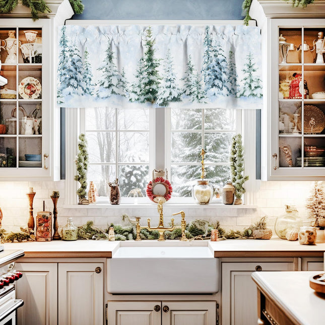 Christmas Valances for Windows Pine Tree Forest Christmas Kitchen Curtain Valances Rod Pocket Winter Snow Window Curtain Treatment Short Topper Curtains Seasonal Valance Christmas Decor, 42x12 Inch