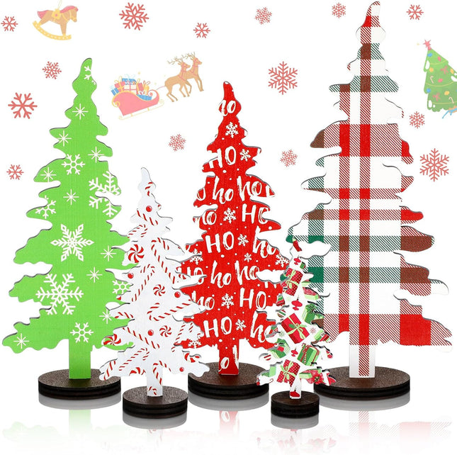 BBTO 5 Pcs Christmas Decorations Wooden Christmas Tree Table Decor Rustic Decorative standing Christmas Tree Centerpiece Xmas Winter Tiered Tray Decor for Home Shelf