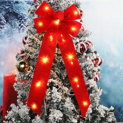 Crowye 12 Pcs Red LED Christmas Bows Lighted Xmas Bows Decoration Red Velvet Wreath Bows LED Light Bows Christmas Tree Topper for Indoor Outdoor Christmas Winter Decoration(8 x 19 Inches)