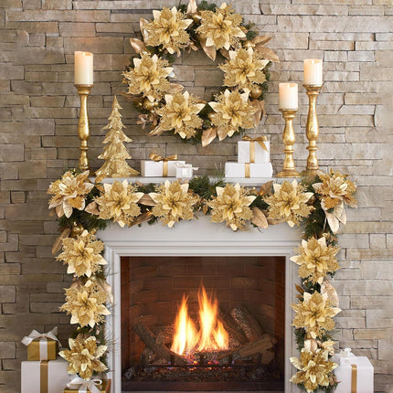 DEEMEI Christmas Poinsettia Artificial Flowers Christmas Tree Wreaths Garland Decoration 15 Pcs 5.5" Glitter Flowers Picks Decor for Xmas Year Wedding Party Ornaments Gold