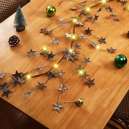 5ft Christmas Star Garland with 30 Lights Hanging Vine Garland Lighted Wooden Star Garland Christmas Decorations Rustic Style for Home Porch Front Door Table Mantle Outdoor Xmas Decor