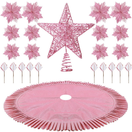 38 Pcs Christmas Tree Decorations Set Include Sequin Christmas Tree Skirt Star Christmas Tree Topper and 36 Artificial Glitter Christmas Flowers for Xmas Party Holiday Christmas Home Decor (Pink)