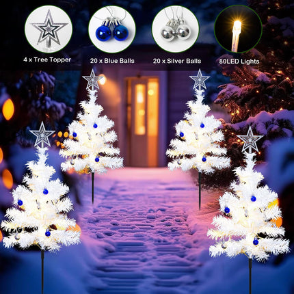 Set of 4 White Solar Christmas Tree, Outdoor Christmas Decorations, 8 Modes 80LED Solar Christmas Lights Outdoor, Solar Christmas Pathway Lights for Yard Front Porch Pathway Grave Cemetery Decor