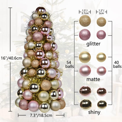 16" Mini Christmas Tree, Small Xmas Tree Decorations with 94 PCS Shatterproof Christmas Ornaments Balls for Christmas Party Centerpiece -Gold Pink