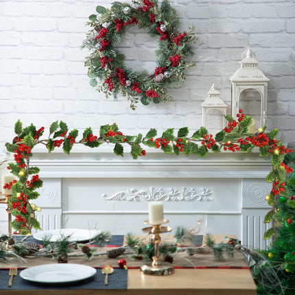 9FT Christmas Garland with Lights,Pre-lit Artificial Red Berries & Holly Leaves Lighted Garlands,Indoor Outdoor Xmas Decor,Winter Home Year Mantle Fireplace Table Decortions