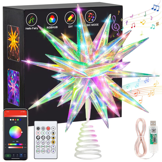 Christmas Star Tree Topper, 11” Smart Lighted Treetop Decoration with RGB Color Changing & Music Sync, Xmas Star Decor, Remote & Bluetooth App Control, Hanging Star Decor for Christmas Tree Holiday