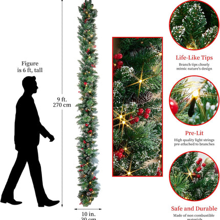 Christmas Garland with Lights, Battery Powered 8 Lighting Modes, 9FT 50 LED Luminous Christmas Decorations Indoor Home Decor