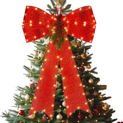 LED Red Bows Christmas Decorations, 16'' x 24'' Christmas Bows for Wreaths with Timer, Tree Topper Bow with Realistic Red Berries Pine Cone Needles for Christmas, Party, Home Decoration