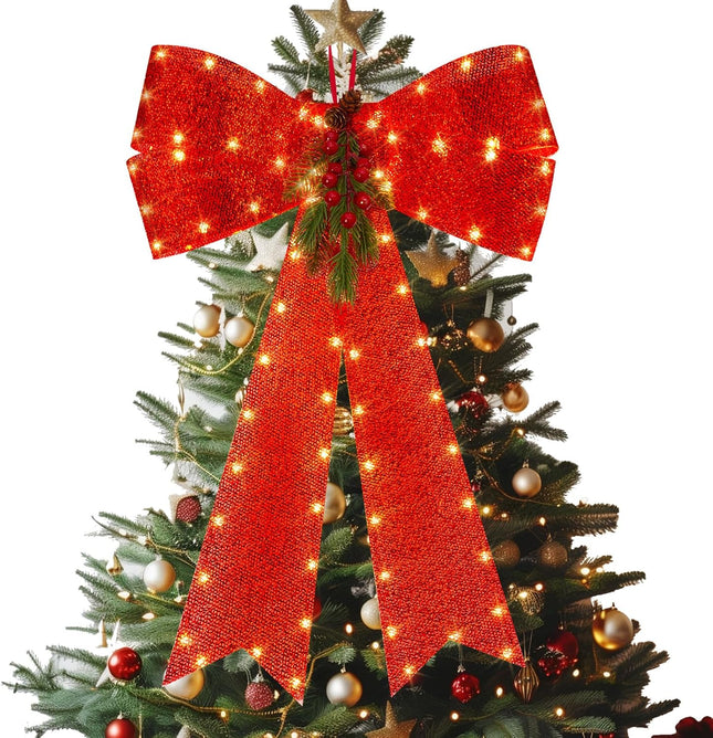 LED Red Bows Christmas Decorations, 16'' x 24'' Christmas Bows for Wreaths with Timer, Tree Topper Bow with Realistic Red Berries Pine Cone Needles for Christmas, Party, Home Decoration