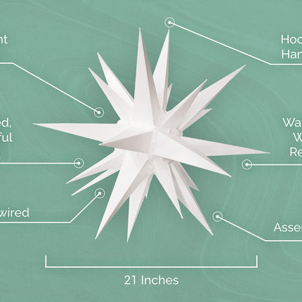 Elf Logic 21" Large Warm White LED Moravian Star - Hanging Outdoor Christmas Light - Use as Holiday Decoration, Porch Light, 3D Fixture, Advent Star, Wedding & Ballroom Venue Decor - Assembly Required