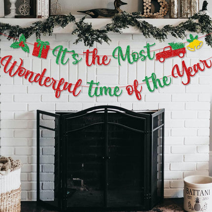 Red Green Glitter It's The Most Wonderful Time of The Year Banner with Holly Berry Xmas Tree Bells Christmas Holiday Party Banner Merry Christmas Holly Jolly Winter Party Mantle Decorations