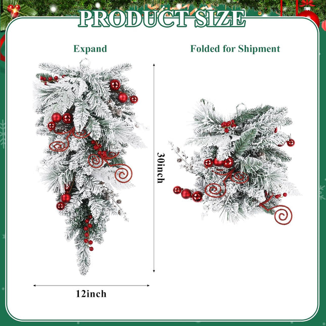 SHACOS 30" Flocked Christmas Teardrop Swag Artificial Snow Pine Spruce Cedar Decorative Swag Red Berries Christmas Balls Pine Cones Swag for Front Door Window Wall Stairs Xmas Decor