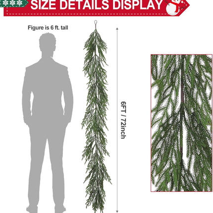 6FT Winter Pine Garland, Real Touch Pine Garland, Artificial Christmas Garland, Green Pine Garland, Artificial Greenery Garland for Table, Mantle, Wall, Indoor, Outdoor Christmas Decorations
