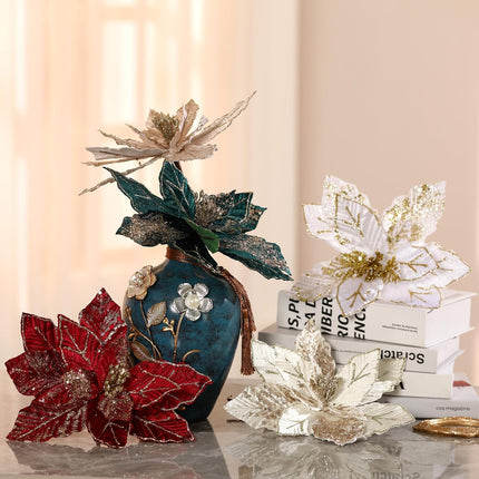 GL-Turelifes 10.7’’ Large Glitter Christmas Flowers 6 Pcs Artificial Poinsettia Flower Ornaments Fold Floral for Christmas Tree Decorations Xmas Tree Year Party Wedding Centerpiece (White)