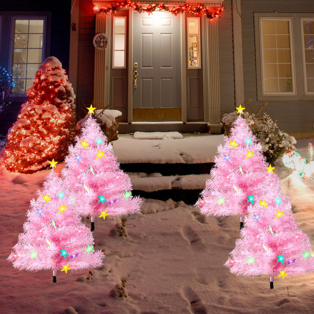 4 Pack 2.2FT Solar Christmas Tree Lights Decorations Outdoor, 8 Modes Christmas Pathway Lights with 80 Star LED Lights, Waterproof Christmas Pathway Lights for Patio Garden Lawn Holiday Decor, Pink