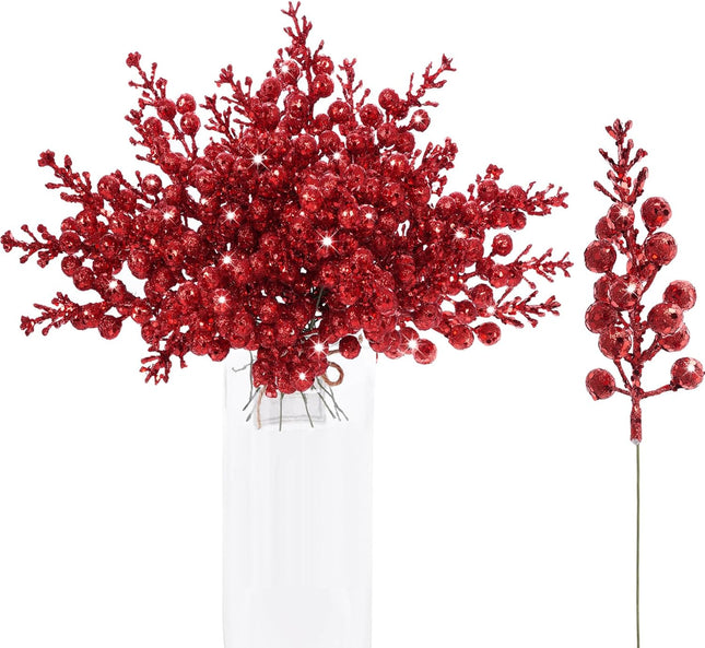 36pcs Glitter Berries Stems, 7.9 Inch Christmas Berries Stems Glitter, Artificial Berry Picks Christmas Red Berries Stems for Vases for Decoration Christmas Tree Wreath