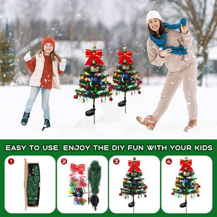 KHOYIME 4 Pack Solar Christmas Tree Outdoor Waterproof Stake Lights with 80 LED Lights 136 DIY Xmas Ornaments 2 Flashing Modes, Solar Powered Prelit Holiday Decorations for Garden Pathway Yard Patio