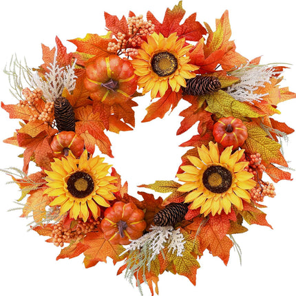 Consevisen Fall Wreaths for Front Door, 22 Inch Artificial Sunflowers Pumpkin Wreath with Maple Leaves Berries Pine Cones Autumn Wreath for Thanksgiving Farmhouse Harvest Halloween Porch Home Decor