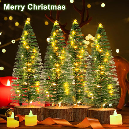 4 Pcs Mini Christmas Trees, 8 Inch Artificial Christmas Bottle Brush Trees with Fairy Lights Battery Powered Tabletop Tree Decoration (Warm White)