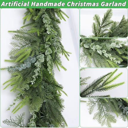 9FT Christmas Garland, Eucalyptus Garland Cedar Garland Faux Pine Handmade Cypress Garland for Mantle Stairs Wall Table Indoor Outdoor Christmas Decor Xmas Decorations