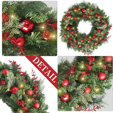 24 Inch Christmas Wreaths, Christmas Wreaths for Front Door with Balls Ornaments, Eucalyptus and Battery Operated LED Lights, Large Artificial Xmas Wreath with Timer for Outdoor Holiday Decor