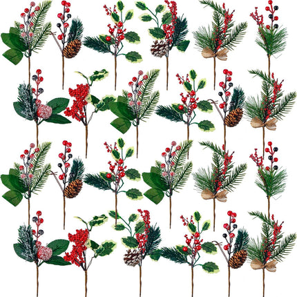 WILLBOND Artificial Christmas Tree Picks Red Berry Pine Picks Spray Berry Branches Holly Pine Flower Pick Berry Pinecones for Christmas Crafts Party Festive Home Decor (Classic Style,24 Pcs)
