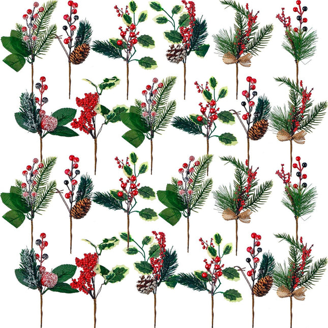 WILLBOND Artificial Christmas Tree Picks Red Berry Pine Picks Spray Berry Branches Holly Pine Flower Pick Berry Pinecones for Christmas Crafts Party Festive Home Decor (Classic Style,24 Pcs)