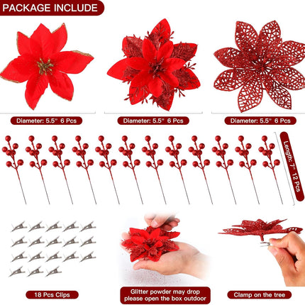Floweroyal 30pcs Poinsettia Artificial Christmas Flowers Decorations with Clips and Berry Stems Glitter Ornaments for Christmas Tree Wreath Fireplace Stairs Decor (Red-3 Styles)